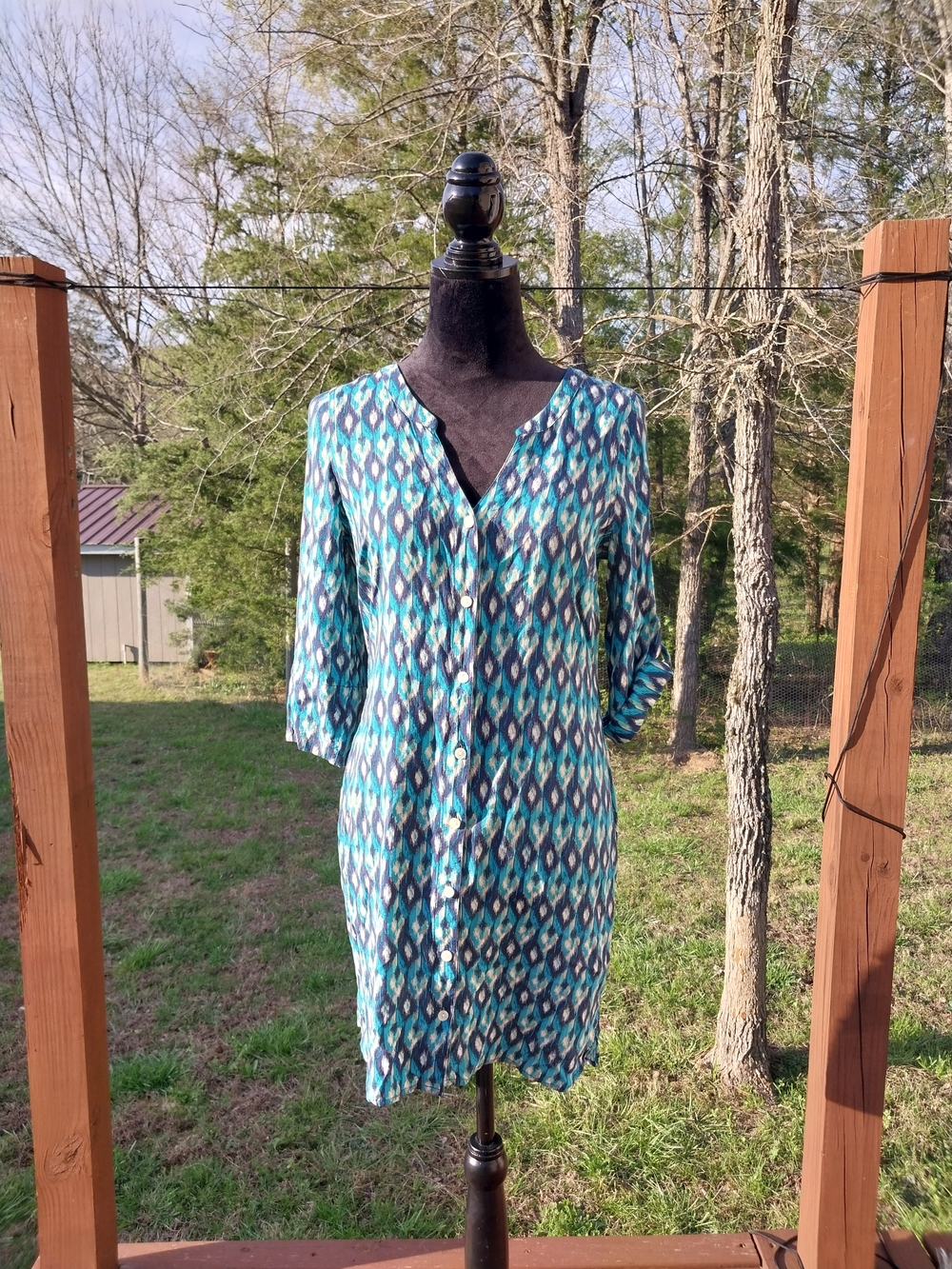 Lucky Brand Teal & Navy Printed Midi Dress
